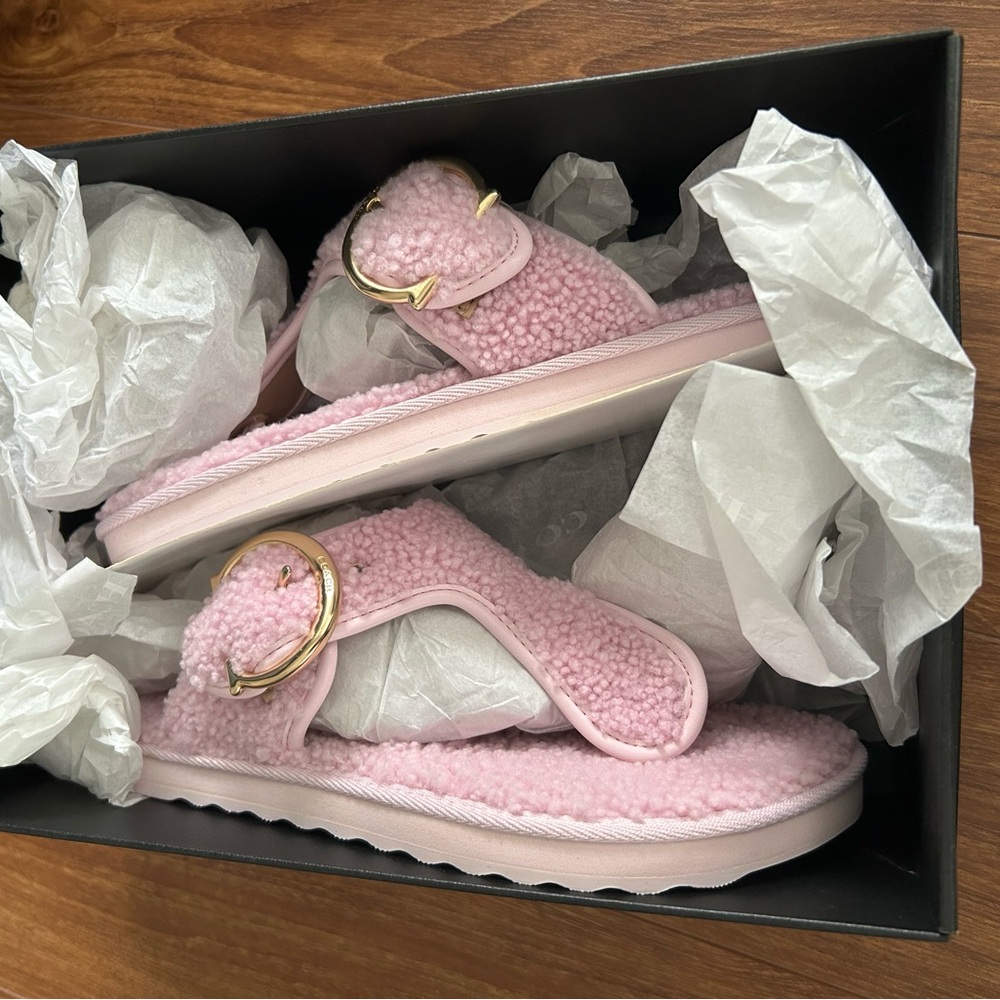 Coach Pink Fuzzy Sandals with Gold Buckle